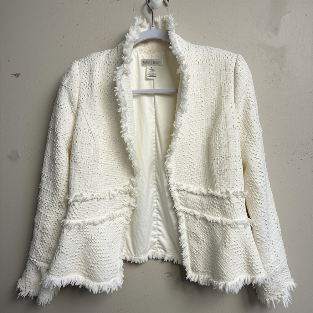 White House Black Market Ivory Tweed Jacket Fringe Trim Open Front Size 8